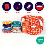 Poo expert Pack: imagen del set completo de los pañales con bolsas y Caza cacas con logos y números de todos los accesorios - en fondo blanco