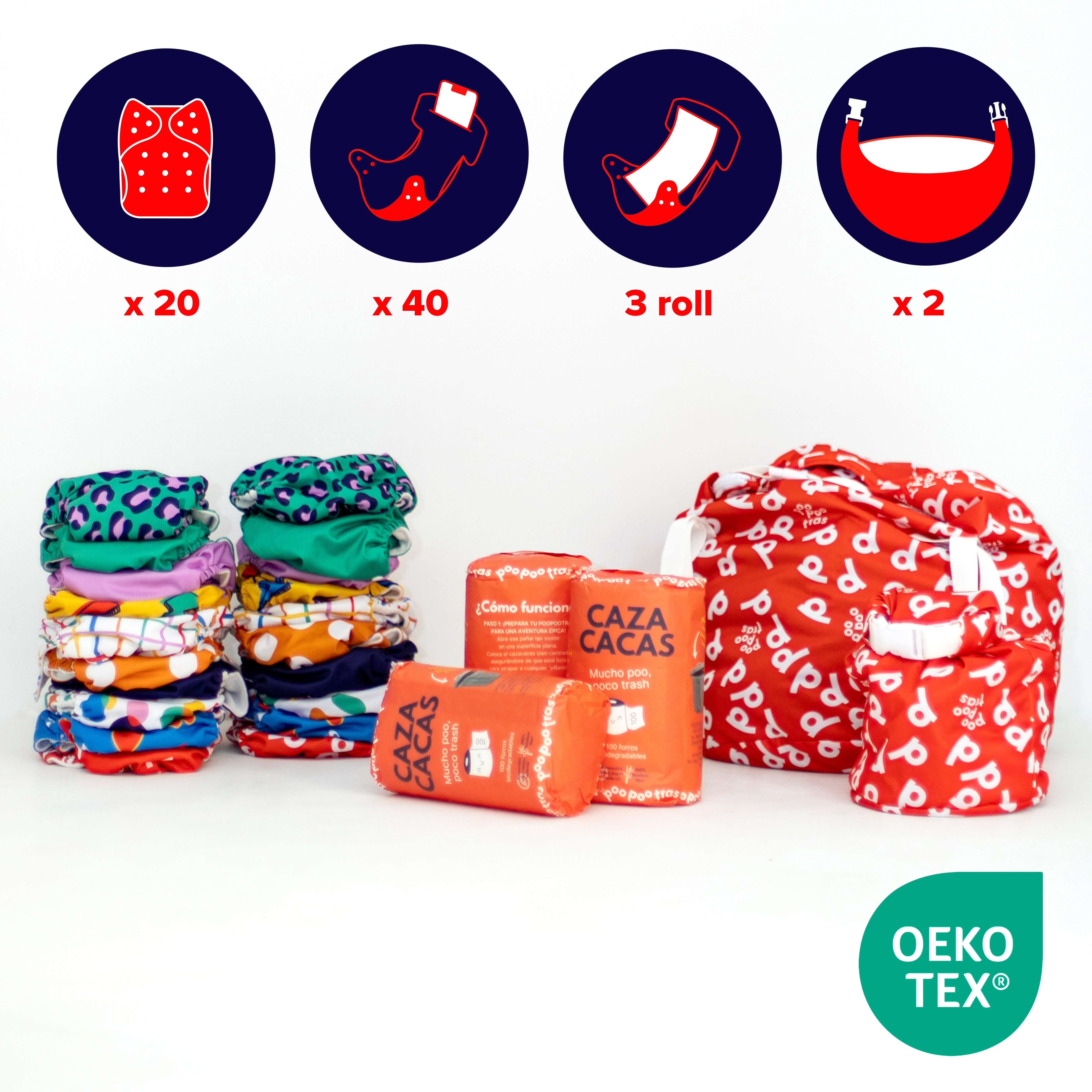 Poo Master & Commander Pack: imagen del set completo de los pañales con las bolsas y las Caza cacas con logos y números de todos los accesorios - en fondo blanco