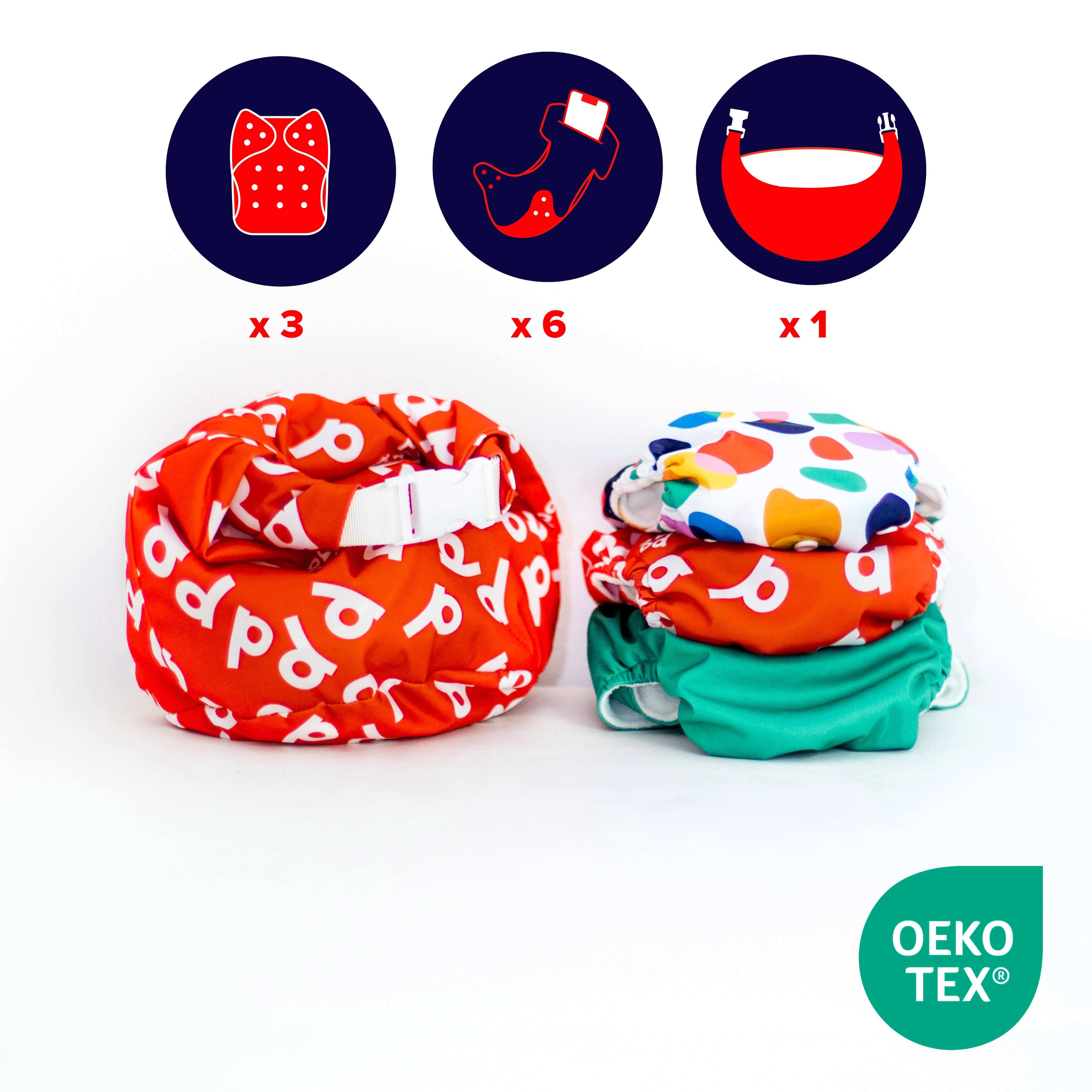 Descubre los accesorios con logos y sus números en el único Poo Rookie Pack - pañales reutilizables todo en uno, muy práctico en fondo blanco